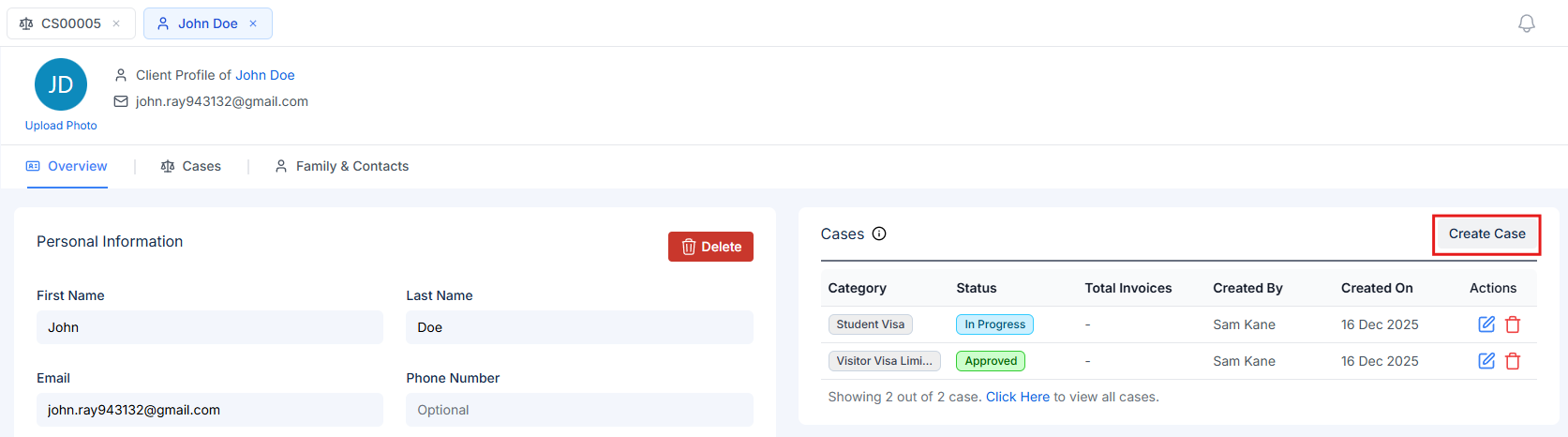 Create Case button