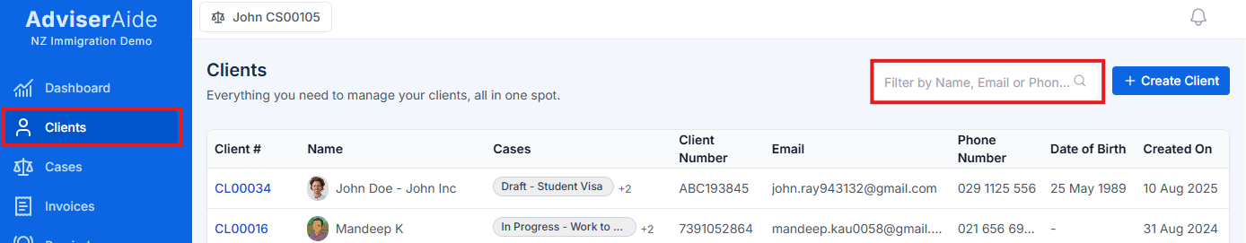 Search for client