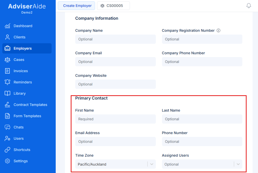 Primary Contact section of form