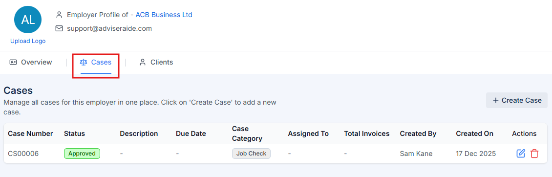Cases tab in employer profile