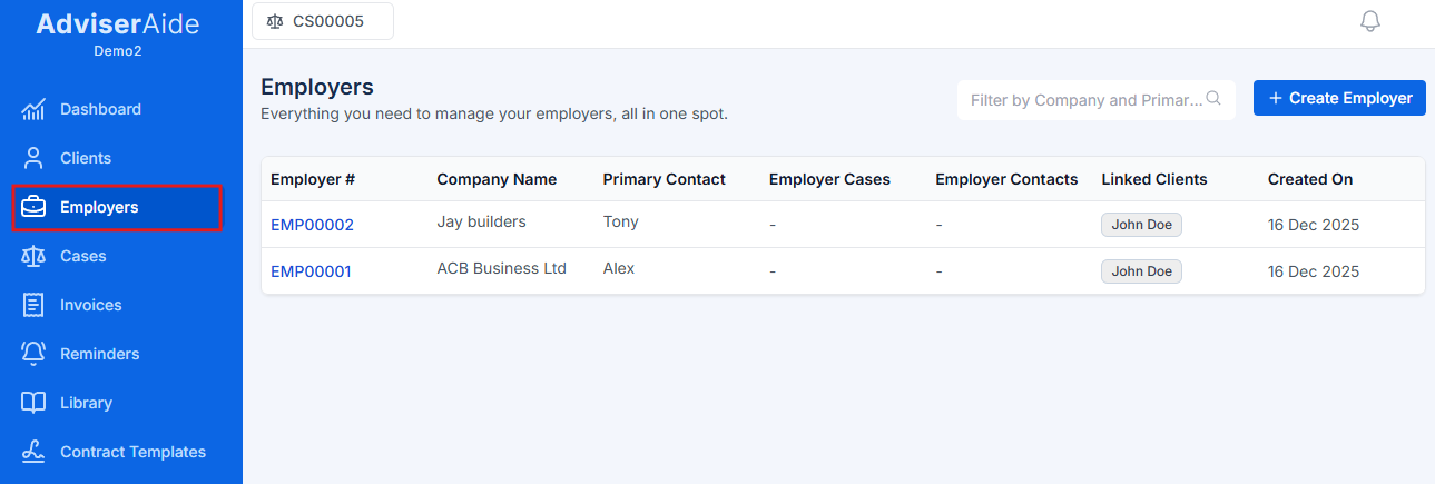 Employers list page