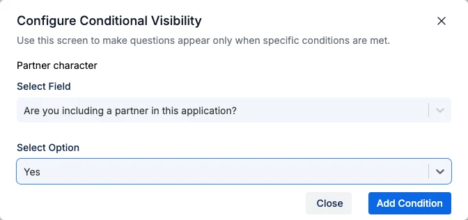 Configure Conditional Visibility panel for the Partner character question group, set to show when the partner question is Yes