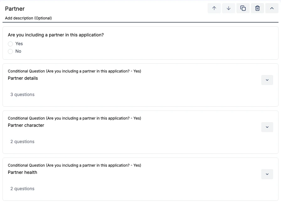 Partner section in the form builder with a radio button question and three conditional question groups below it