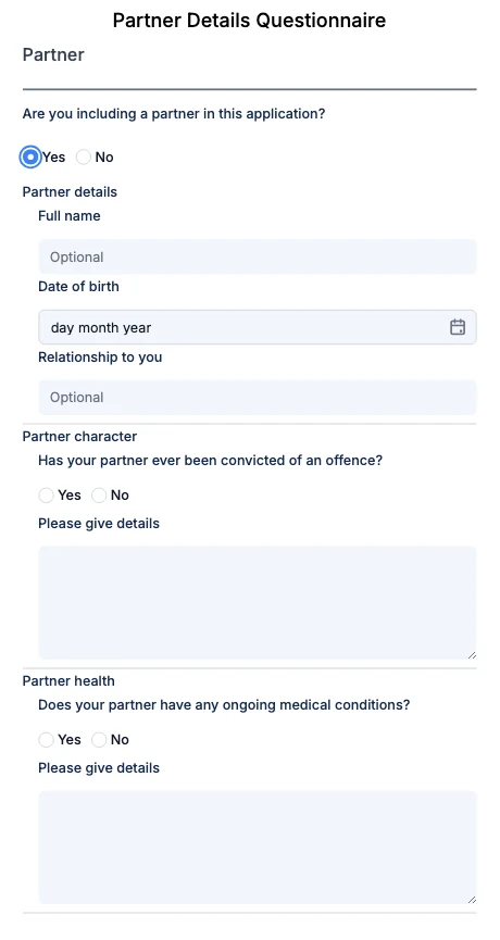 Form preview with Yes selected, showing the Partner details, Partner character and Partner health questions