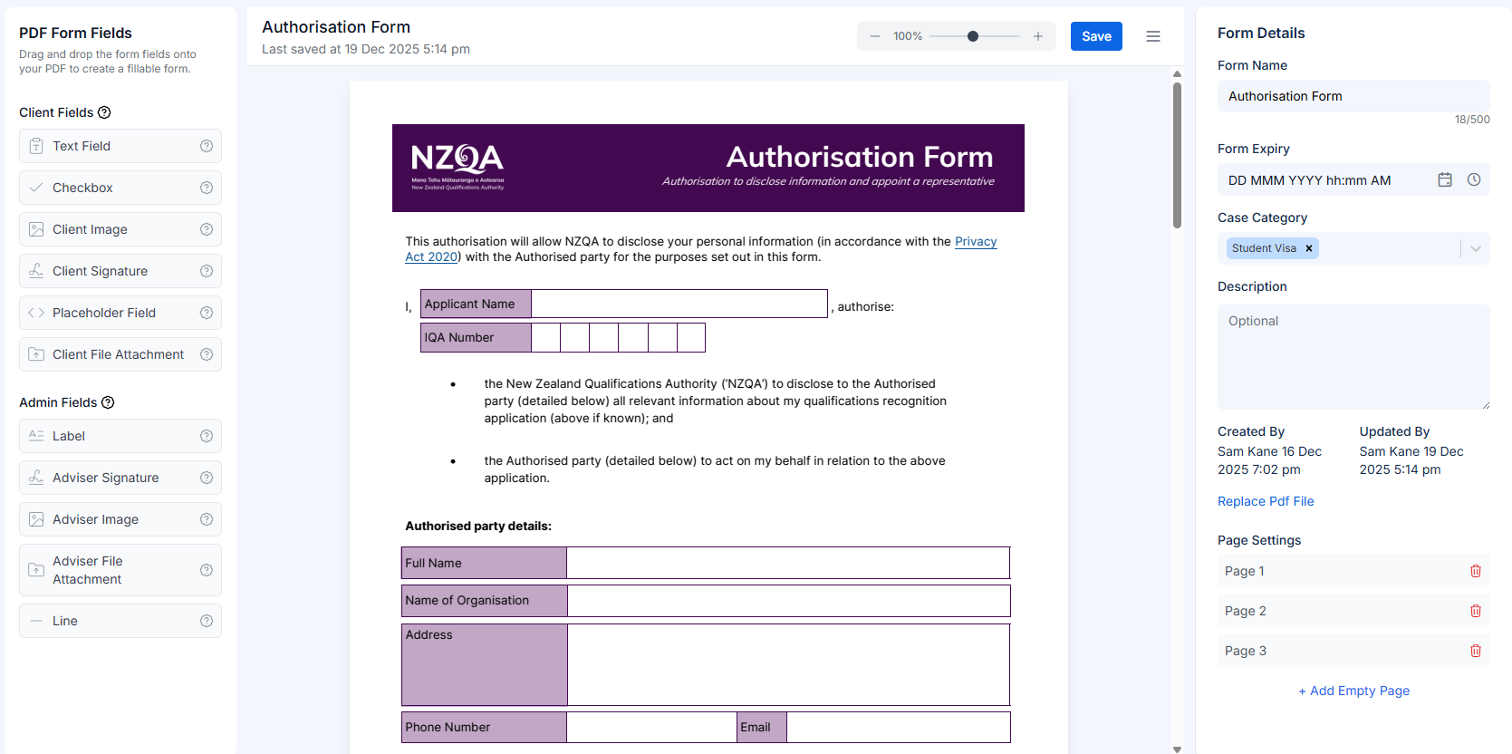 PDF form builder showing three panels