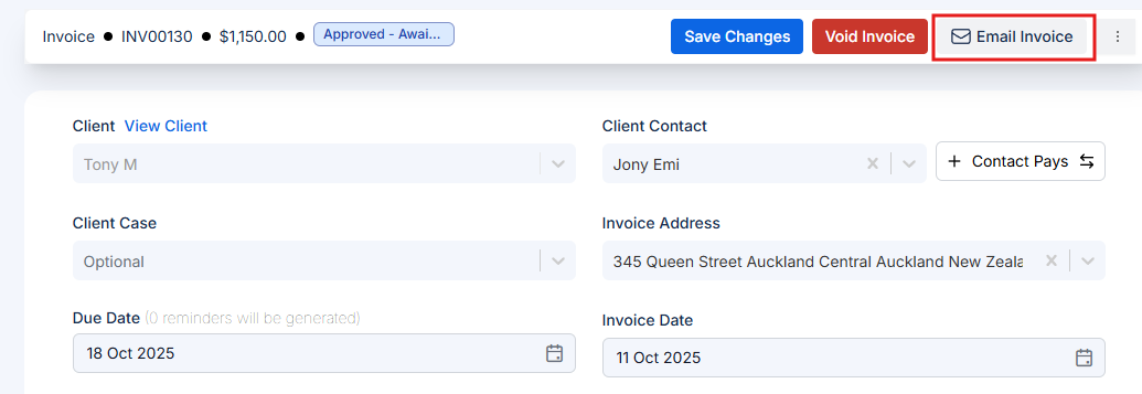 Email Invoice button
