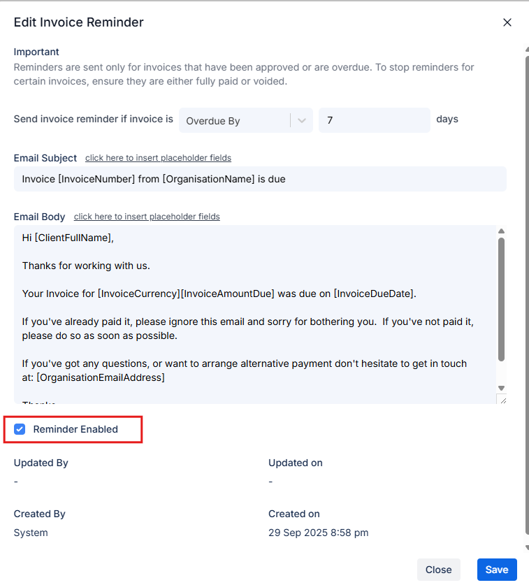 Disable Invoice Reminder