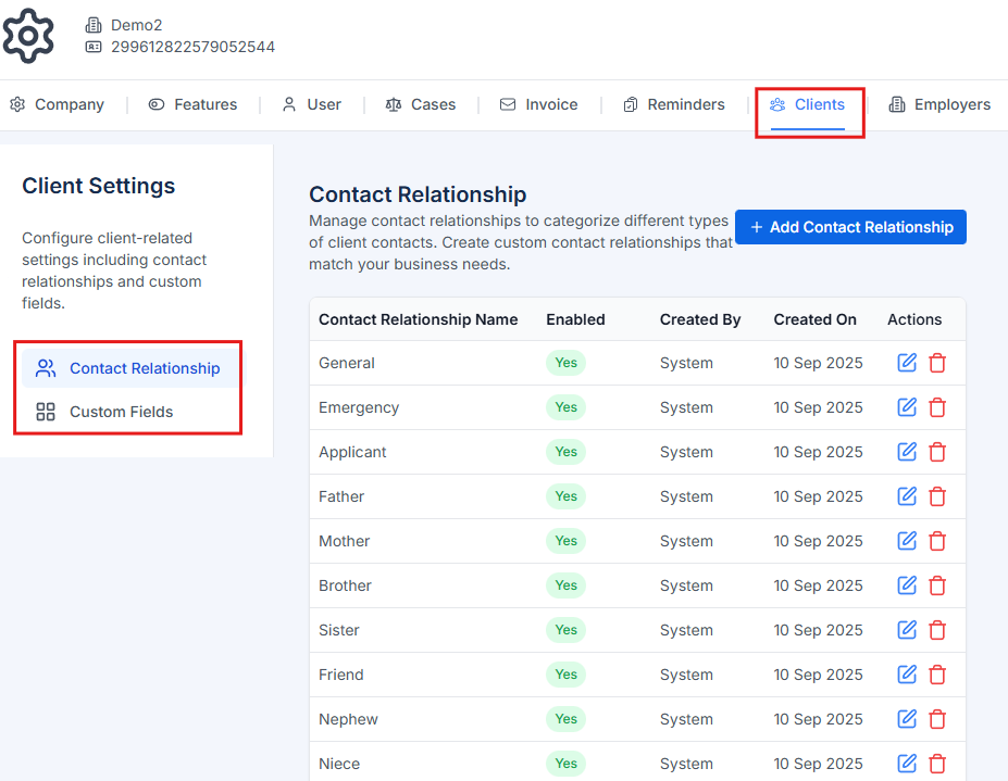 Client settings showing contact relationships and custom fields
