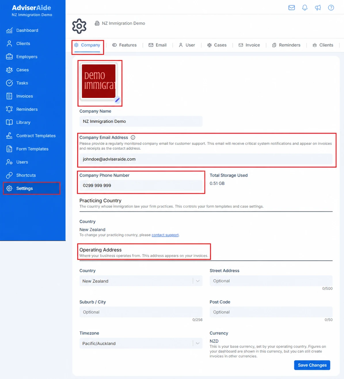 AdviserAide Company settings showing the company logo, email address, phone number, practicing country and operating address